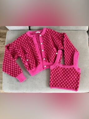Zara lot of 2 Cardigan Pink Check Button Crew Neck Long Sleeve and tank Size S